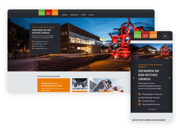 Dynamisches und modernes Design der neuen Homepage – Desktop und Mobile Ansichten der Webseite des Unimog-Museums