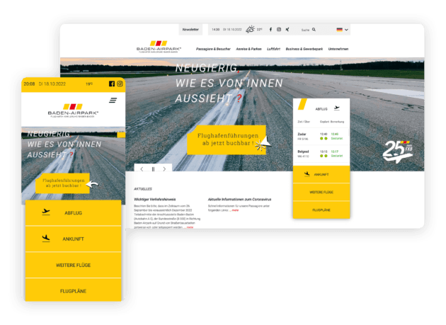 Baden Airpark Website-Relaunch durch nova GmbH – Desktop und Mobile Ansichten des responsive Designs